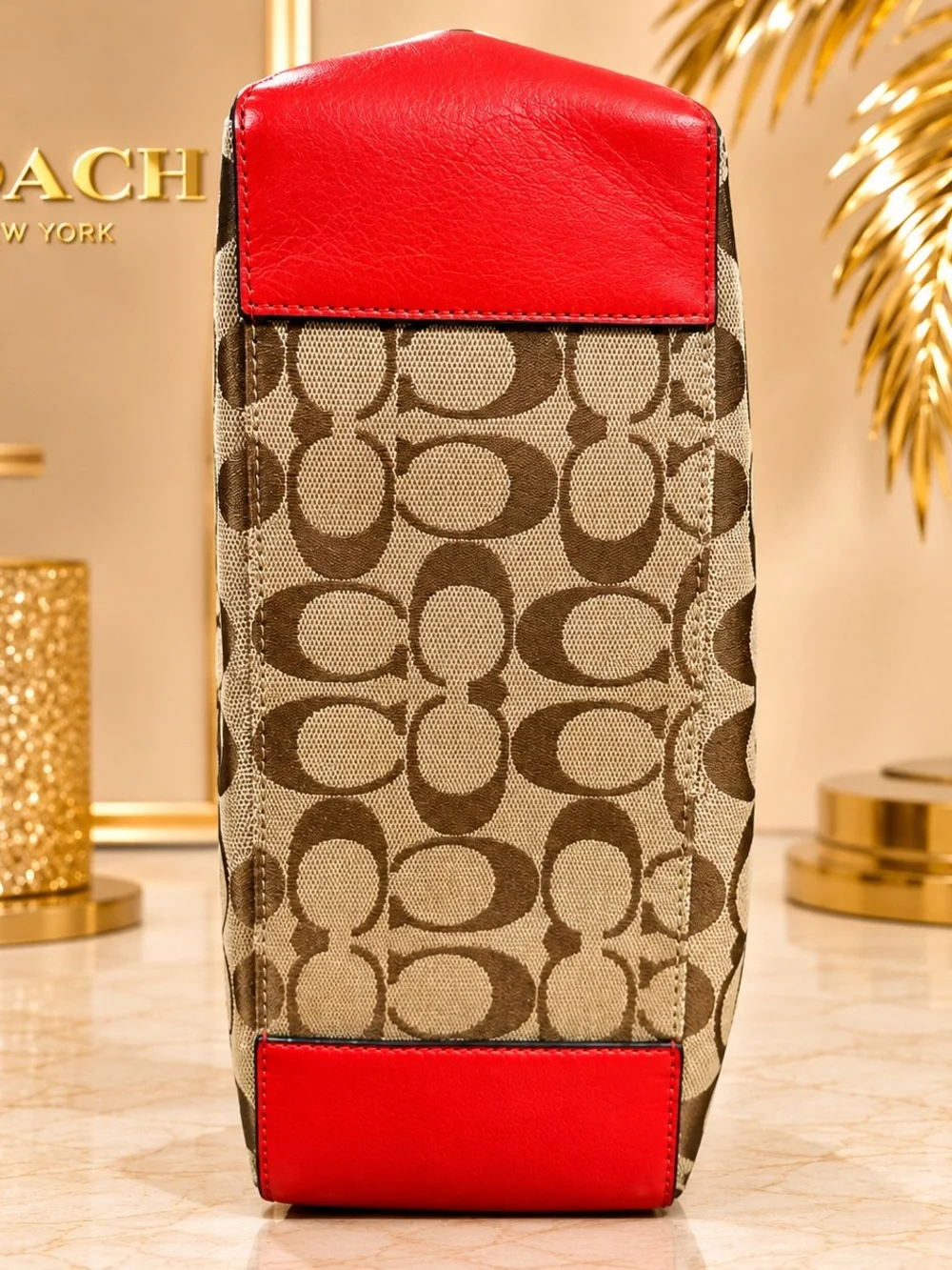 COACH Signature Jacquard Tote Bag Red Leather Trim